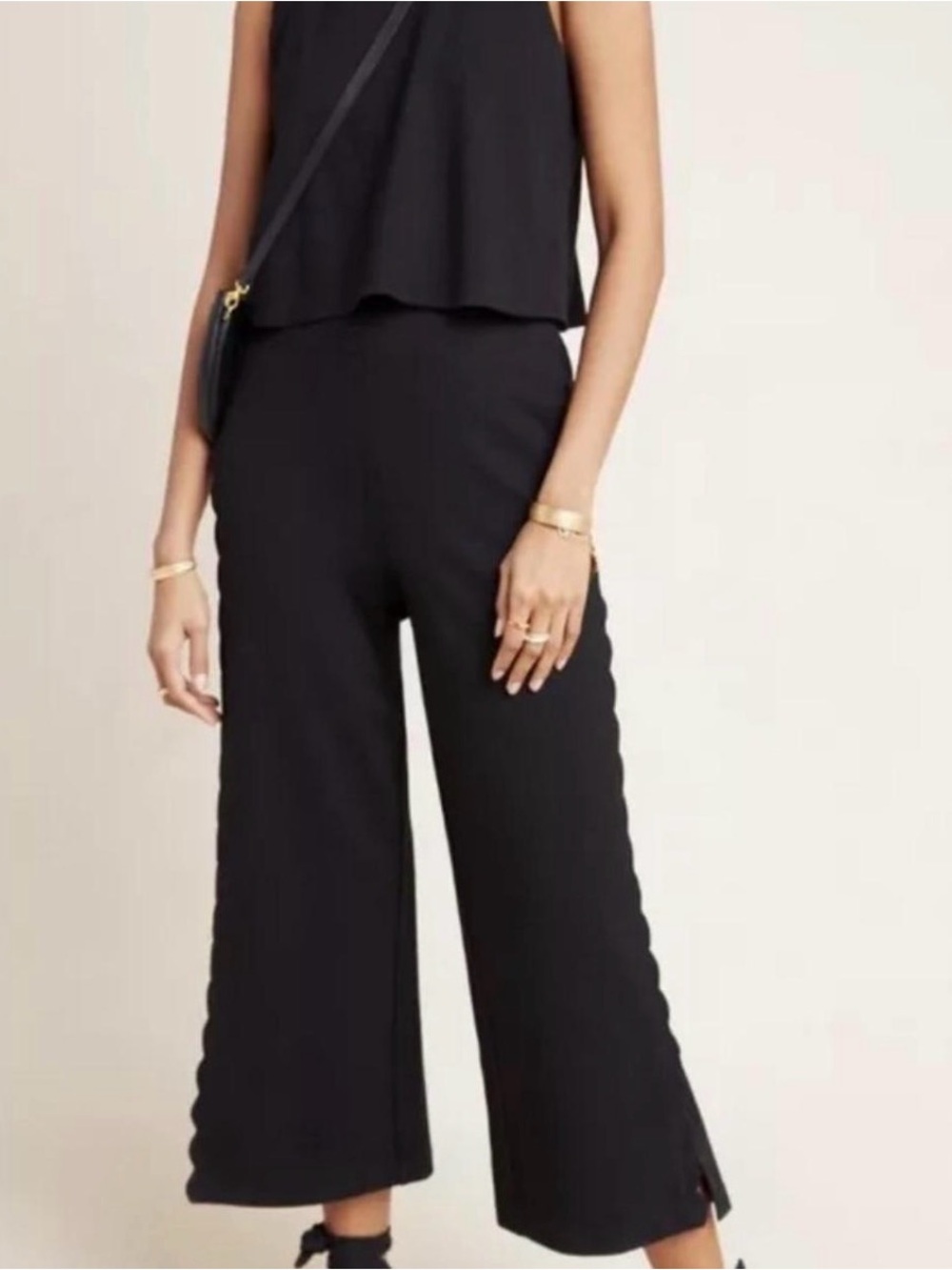by Anthropologie The Essential Jumpsuit Black Wide-Leg Scalloped Cropped Flowy 2